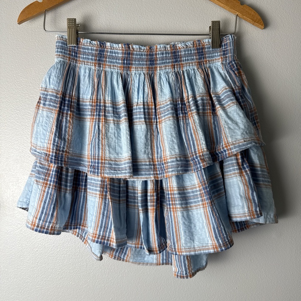 aerie Light Blue and Tan Plaid Tiered Mini Skirt